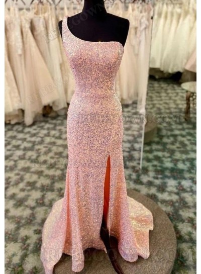 2025 Sheath Pink One Shoulder Sequin Long Prom Dresses