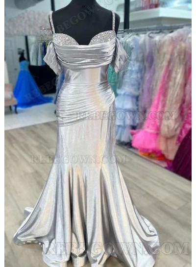 2025 Sweetheart Silver Satin-like Sheath Long Prom Dresses with Beading