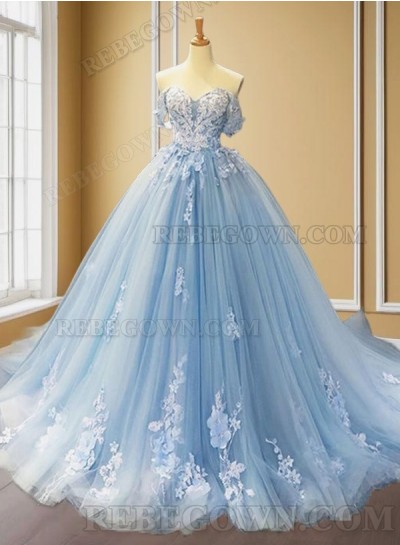 2025 Light Sky Blue Sweetheart Tulle Ball Gown Prom Dresses with Appliques
