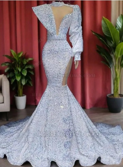 2025 White High Neck Sequin Prom Dresses with One Sleeve