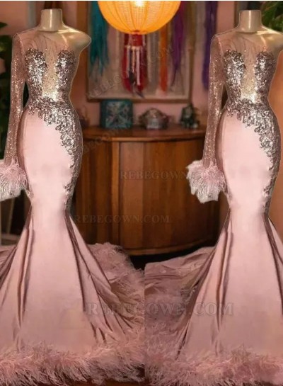 2025 Pink Satin-like Sheath Prom Dresses with One Shoulder and Beads