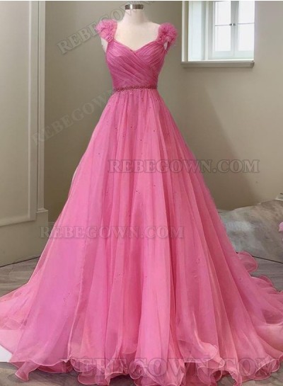 2024 Hot Pink Organza A-Line Sweetheart Long Prom Dresses