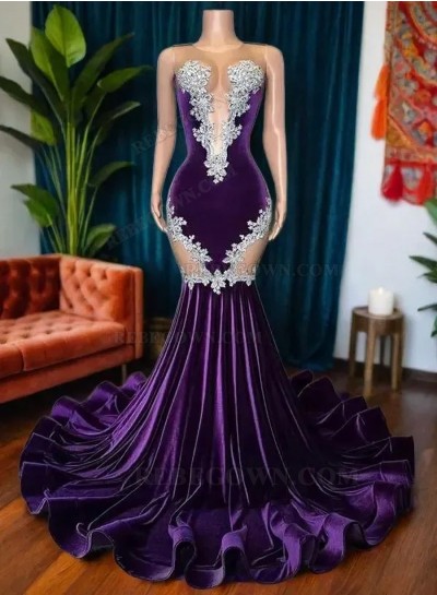 2025 Purple Velvet Mermaid Prom Dresses with Bateau Neckline and Appliques