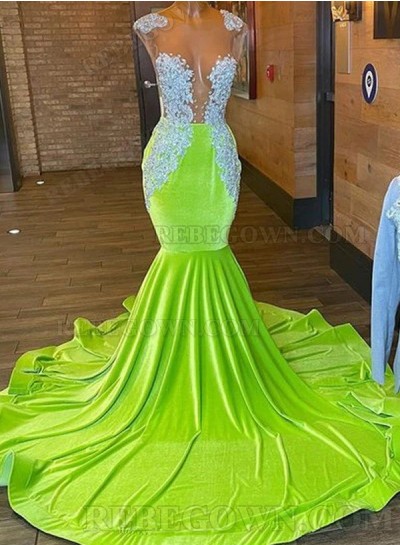 2025 Lime Green Velvet Mermaid Prom Dresses with Bateau Neckline and Beading
