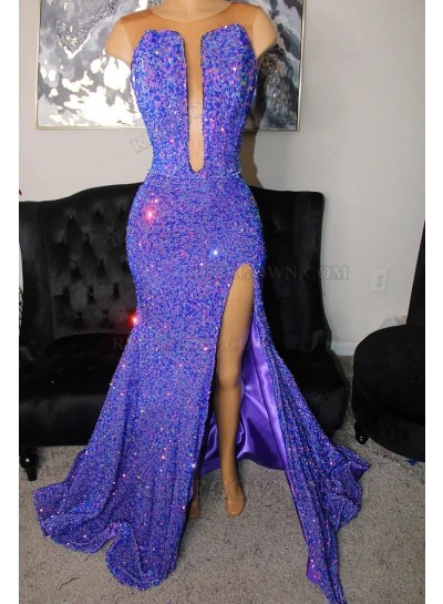 2025 Lavender Sequin Side Slit Long Bateau Prom Dresses