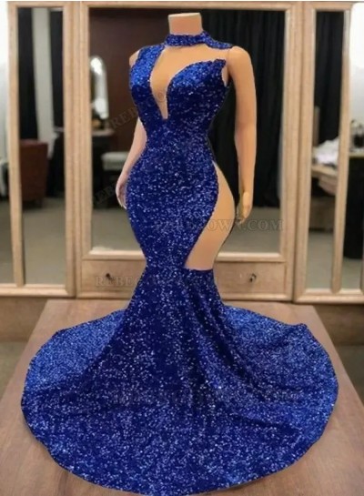 2025 Royal Blue Sequin Mermaid Prom Dresses with Bateau Neckline