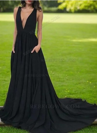 2025 Black Matte Satin A-Line Prom Dresses with V-Neck