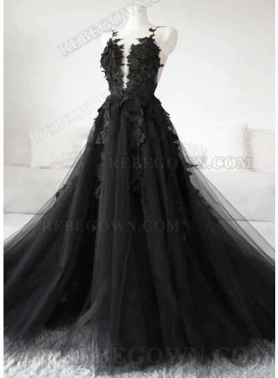 2025 Black Tulle A-Line Prom Dresses with Appliques