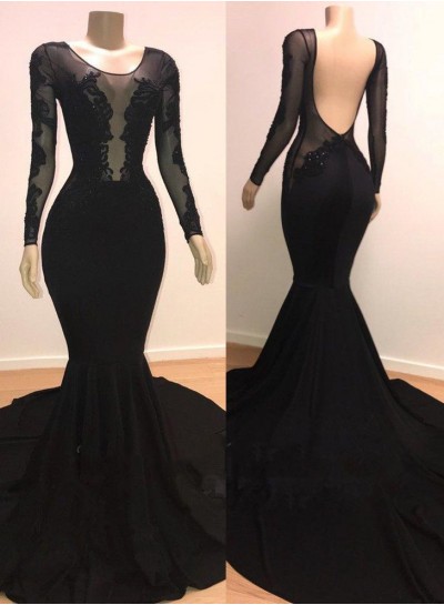 Long Sleeves Black Scoop Appliques Long Mermaid Prom Dresses