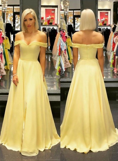 Off Shoulder A Line Chiffon Sweetheart Daffodil Long Prom Dresses