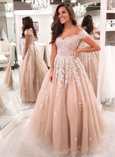 Sweetheart Champagne A Line Off Shoulder Appliques Long Tulle Prom Dresses