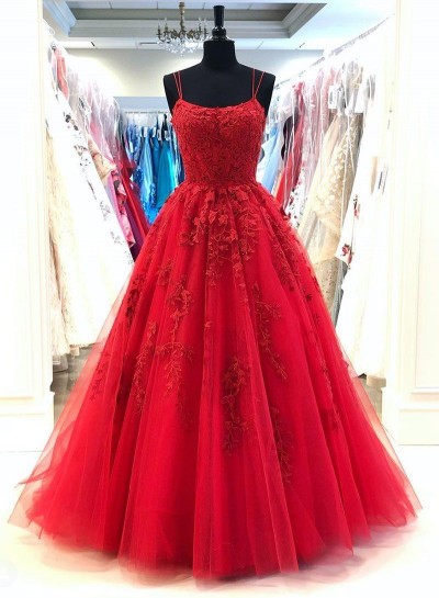 Red Scoop A Line With Appliques Long Tulle Prom Dresses