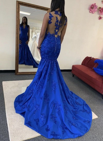Mermaid V Neck Royal Blue Long Prom Dresses With Appliques