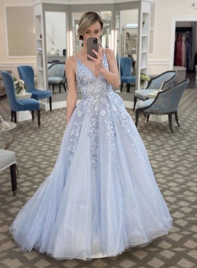 Long V Neck Tulle A Line Light Sky Blue Prom Dresses With Appliques