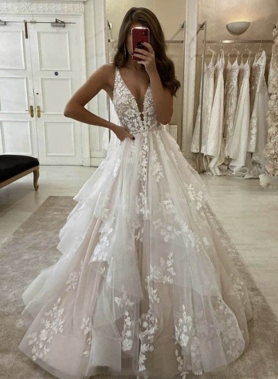 Long Ivory V Neck Tulle With Appliques Prom Dresses