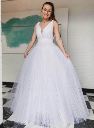 Sweetheart White A Line Tulle Long Prom Dresses