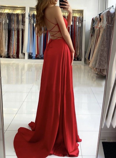 Red Sweetheart Side Slit A Line Backless Long Prom Dresses