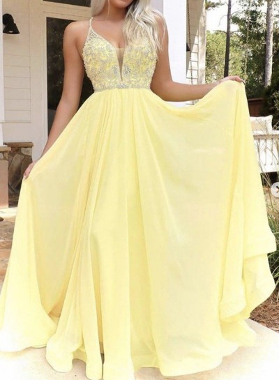 Daffodil Long Sweetheart Halter Chiffon Beaded Backless Prom Dresses