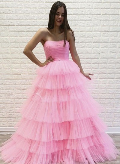 Long Pink Tulle A Line Layered Strapless Prom Dresses