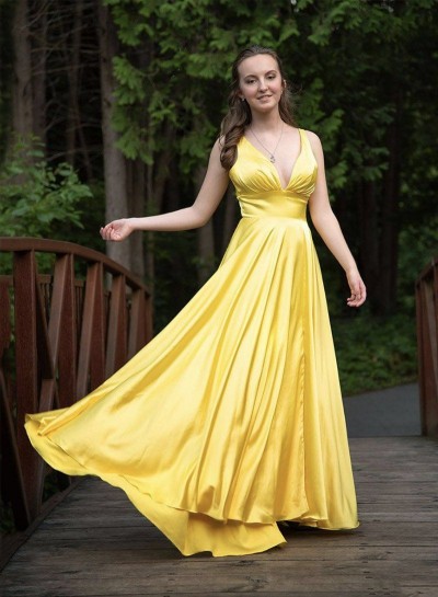 Sweetheart Long Yellow A Line Elastic Satin Zipper Back Prom Dresses