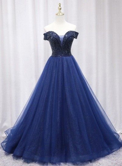 Off Shoulder Long A Line Dark Navy Tulle Prom Dresses
