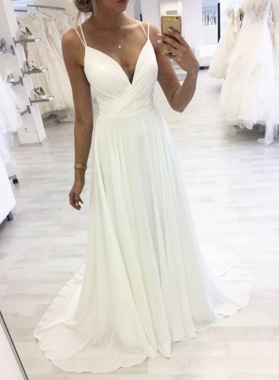 Chiffon White A Line Sweetheart Long Prom Dresses