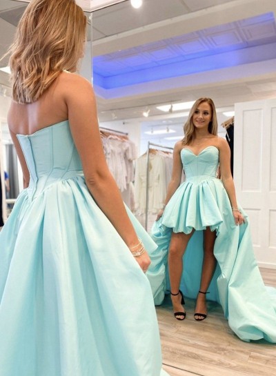 Turquoise Sweetheart A Line High Low Satin Long Prom Dresses