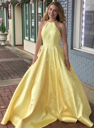 Long Yellow A Line Satin Halter Pearls Prom Dresses