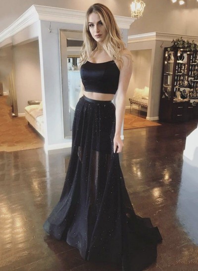 Two Pieces Tulle Halter A Line Black Lace Up Long Prom Dresses