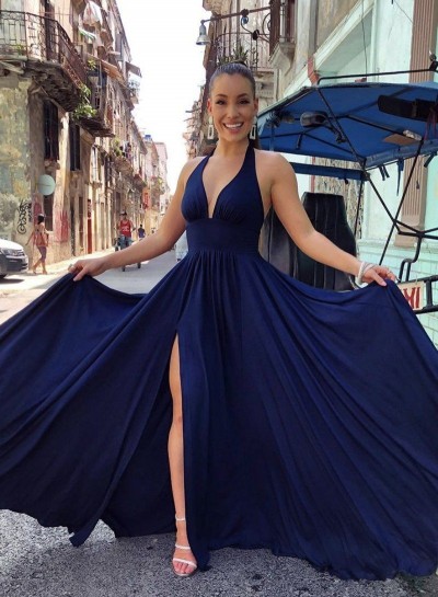 Long Halter Dark Navy A Line Sweetheart Side Slit Prom Dresses