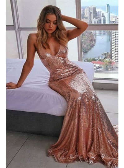 Pink Halter Backless Sheath Long Sequence Prom Dresses