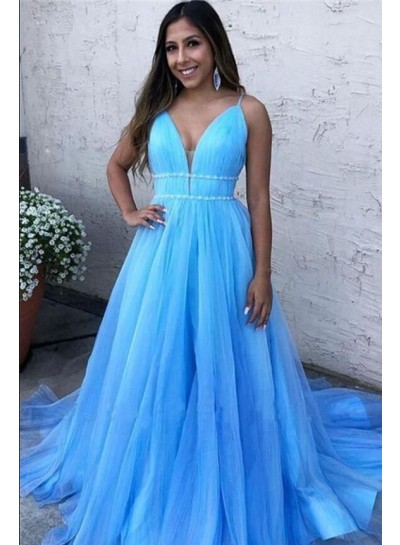 Long Beaded A Line Blue Tulle Ruffles Prom Dresses