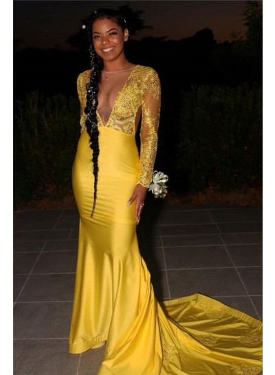 Long Sleeves Lace Sheath Elastic Satin Open Front Long Yellow Prom Dresses