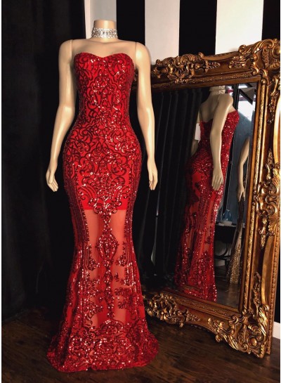 Floor Length Red Sheath Sweetheart Tulle Lace Strapless Prom Dresses