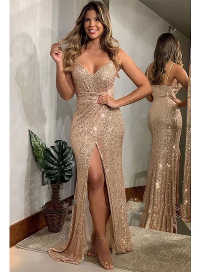 Sweetheart Sequence Champagne Side Slit Long Prom Dresses