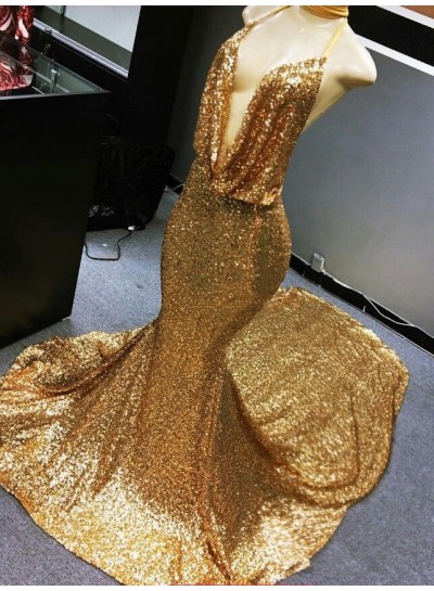 Deep V NeckMermaid Gold Sequence Long Backless Halter Prom Dresses