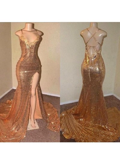 Lace Up Gold Halter Back Side Slit Long Sequence Prom Dresses