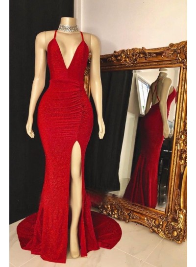 V Neck Sequence Red Side Slit Backless Long Prom Dresses