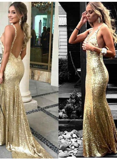 Long Backless Sequence Sweetheart Halter Gold Prom Dresses