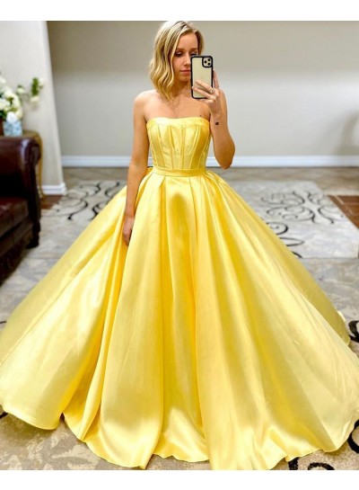 Yellow A Line Satin Long Strapless Prom Dresses
