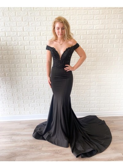 Black Mermaid Beaded Long Off Shoulder Prom Dresses