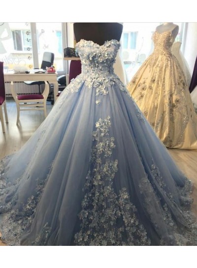 Long Sweetheart Appliques Ball Gown Light Sky Blue Prom Dresses