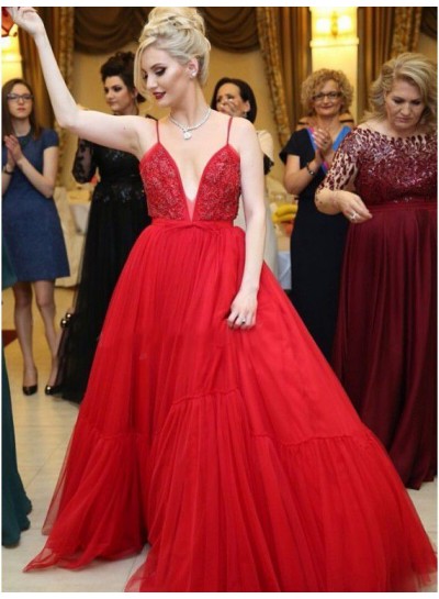 Long A Line Tulle Sweetheart Bowknot Backless Red Prom Dresses
