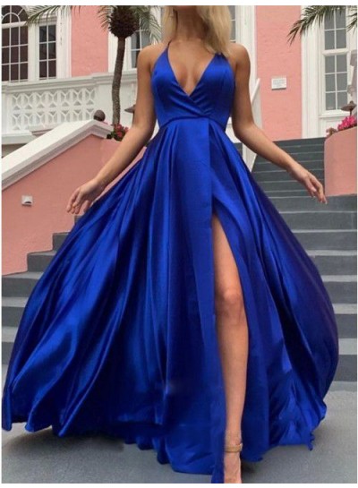 Long A Line Halter Backless Side Slit Royal Blue Prom Dresses