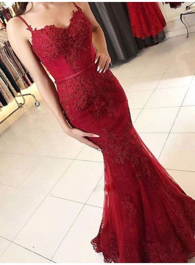 Long Mermaid Red Tulle With Appliques Sweetheart Prom Dresses