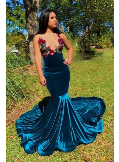 Blue Backless Embroidery Mermaid Deep V Neck Prom Dresses