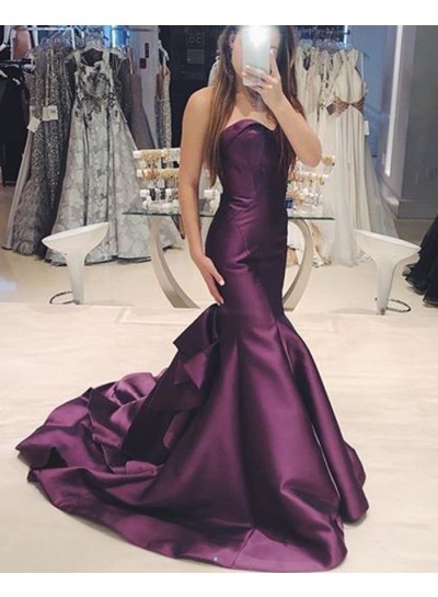 Long Grape Satin Sweetheart Mermaid Prom Dresses