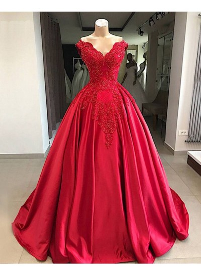 Red Ball Gown Satin With Appliques Off Shoulder Sweetheart Prom Dresses