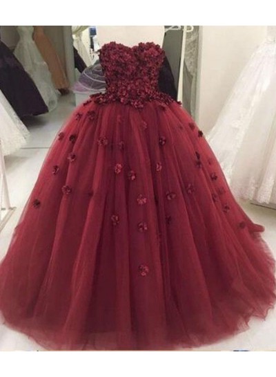 Burgundy Ball Gown Strapless Lace Up Back Tulle With Appliques Prom Dresses