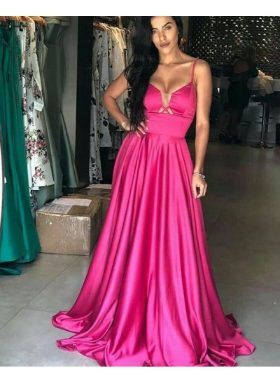 Long Pink A Line Satin Sweetheart Prom Dresses